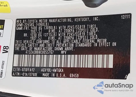 2012 Toyota Venza Le из США, поврежденный, VIN 4T3ZA3BB8CU055767